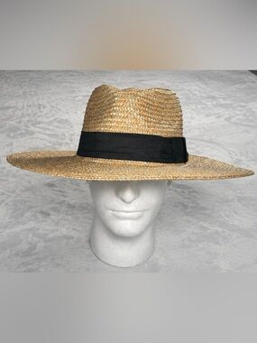 SkinMedica Wide Brim Straw Sun Hat Black Ribbon Boater Hat Natural Tan